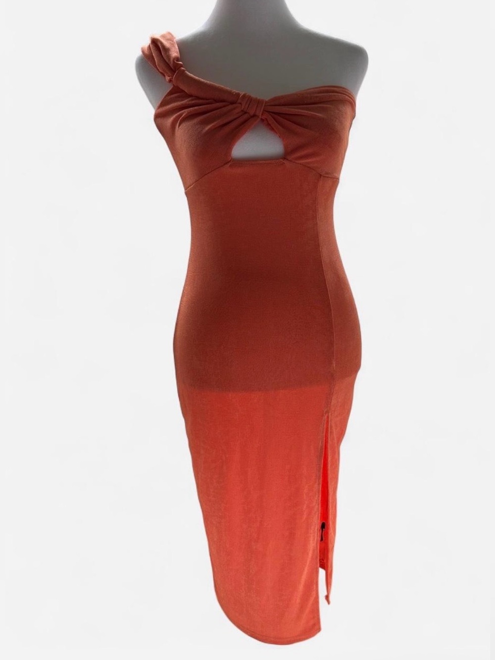 Cider One-Shoulder Copper Orange Cutout Midi Dress